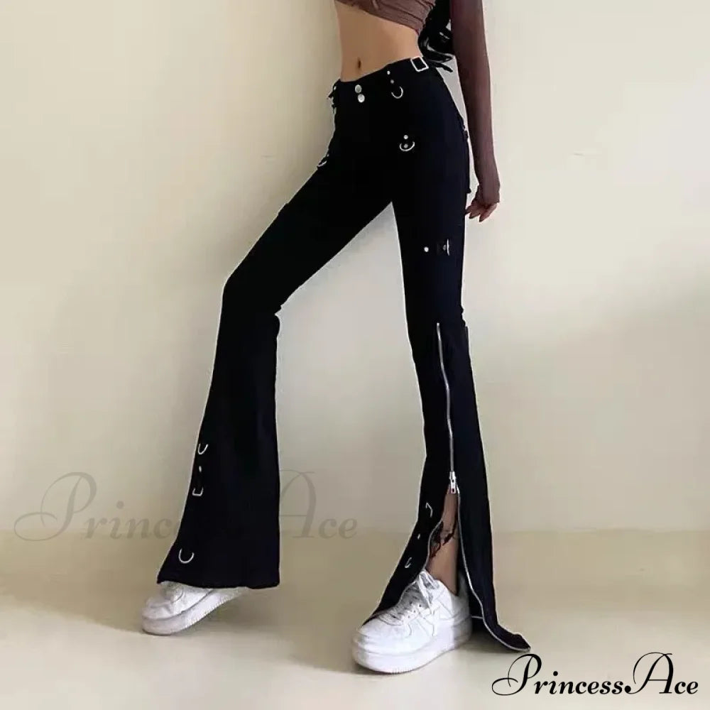 Dark Streetwear Ankle Zipper Slim Y2K Flare Halloween Pants