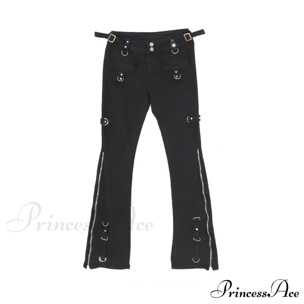 Dark Streetwear Ankle Zipper Slim Y2K Flare Halloween Pants Black / S