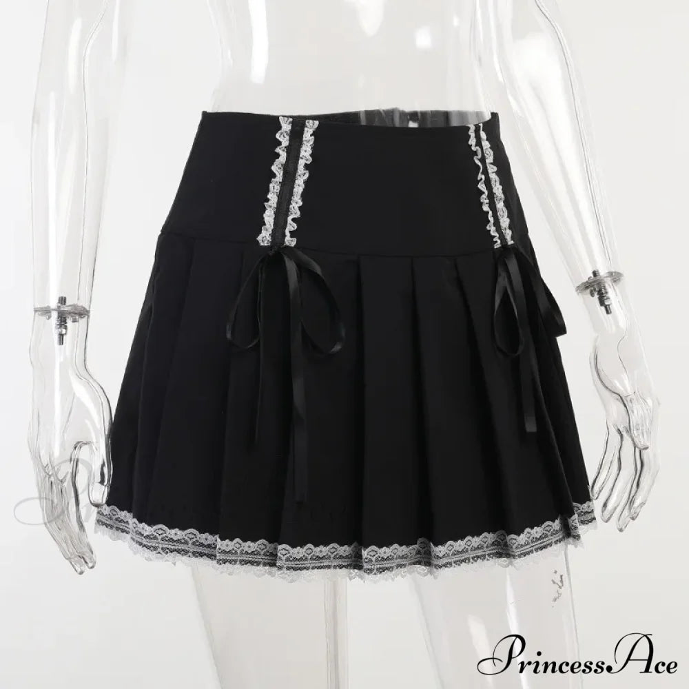 Dark Wind Bust Lolita Lace Contrast Gothic Harajuku Pleated Goth Black Korean Fashion Skirt Black /