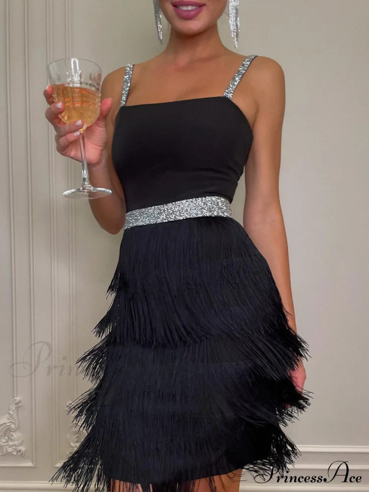 Date And Dinner Socialite Graceful Style Suspender Fringe Mini Dress Dresses