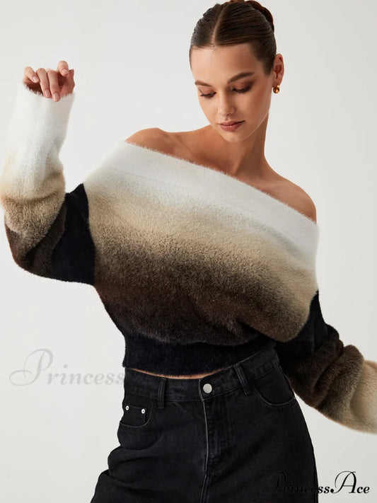 Dawn Ombre Fuzzy Trendy Off Shoulder Crop Sweater Black / Xs Sweaters-L