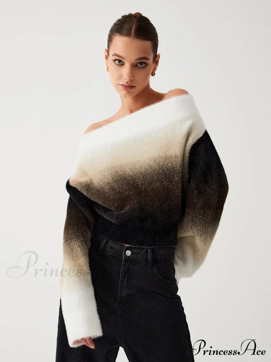 Dawn Ombre Fuzzy Trendy Off Shoulder Crop Sweater Sweaters-L