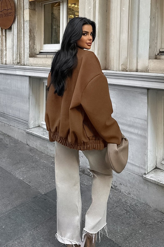 Maillard Brown Thickened Mid-Length Stand-Collar Woolen Jacket