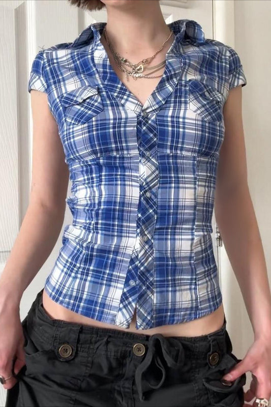 British Plaid Ruffled V Neck Puff Sleeve Blouse