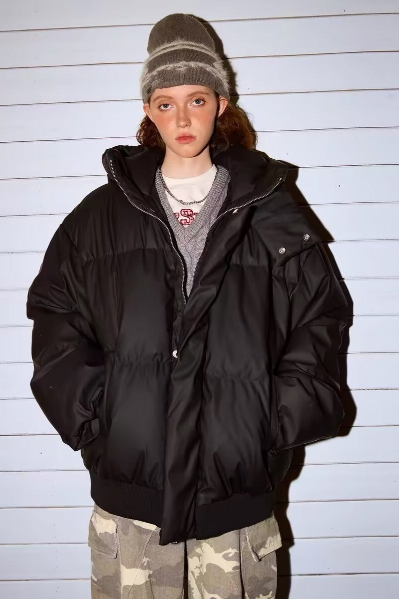 Stand Collar High Neck Hooded Puffer Jacket M / Black