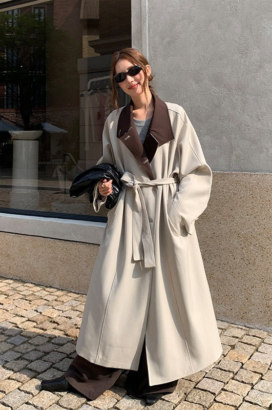 THE MIND British Style Contrast-Collar Long Overcoat
