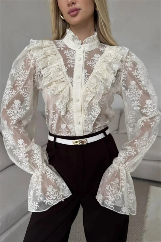 Ruffle Trim Sheer Lace Blouse