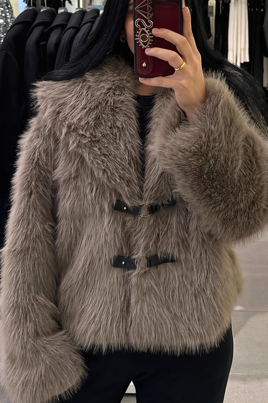 Toggle Front Wide Collar Faux Fur Coat