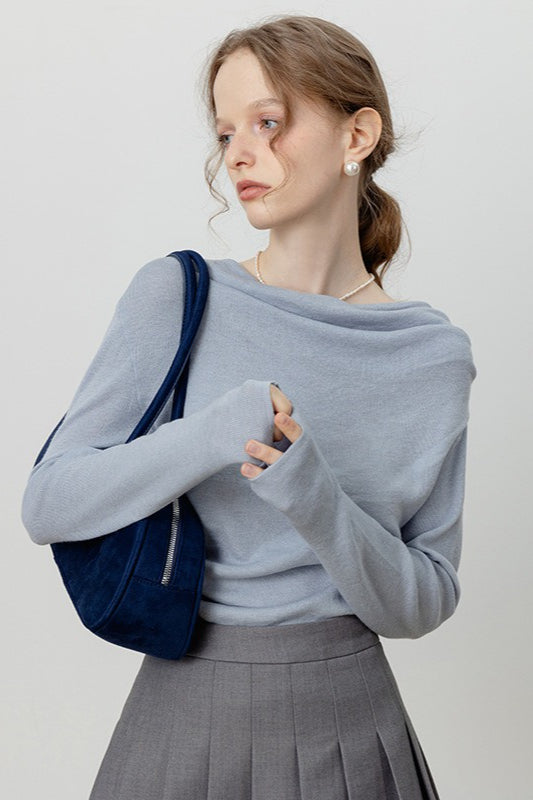 Off-Shoulder Draped Collar Waist-Cinched Knit Top