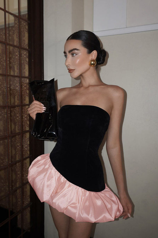 Elegant Velvet Paneled Strapless Puff Mini Dress