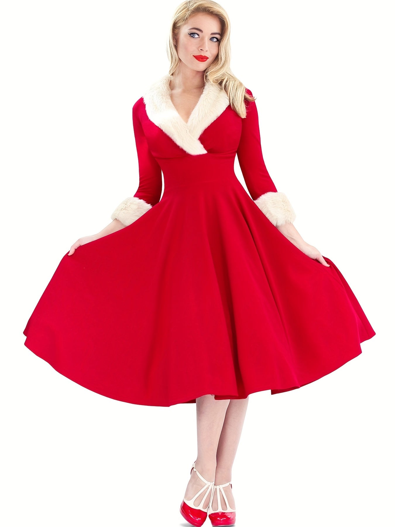 Vintage Inspired Midi Dress with Soft Fuzzy Spandex for Winter Christmas Costume