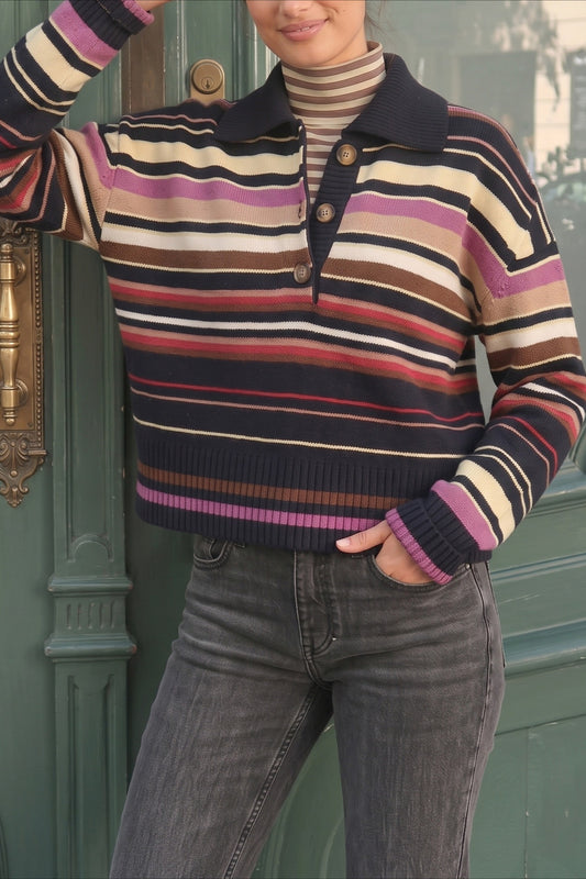 Multicolor Stripe Polo Collar Sweater