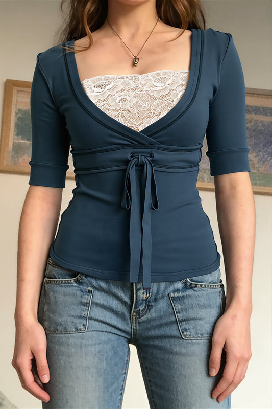Lace Inset Tie Waist Layered Blouse