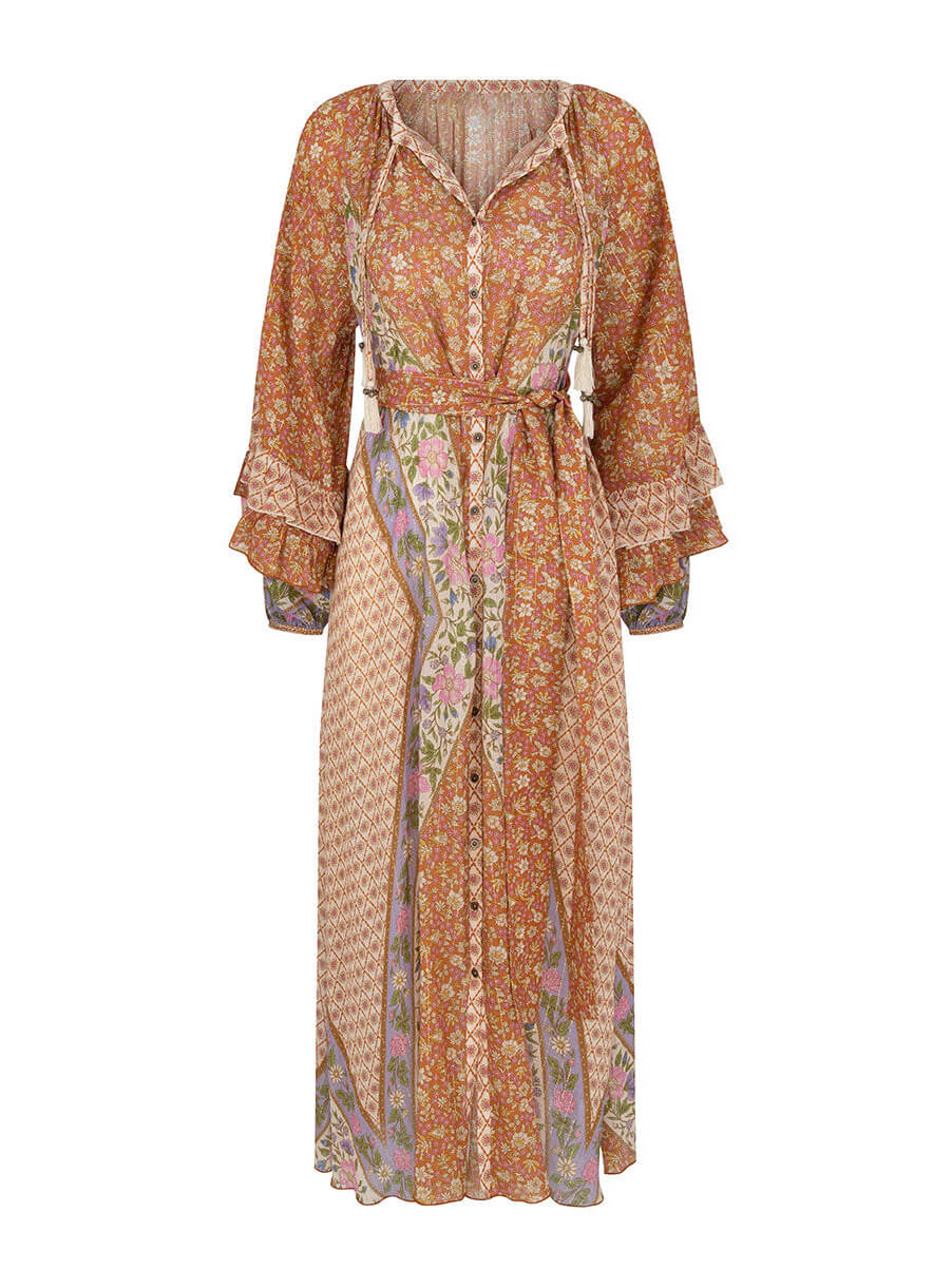 Unique Bohemian Print Long Graceful Sleeve Robe Midi Dress