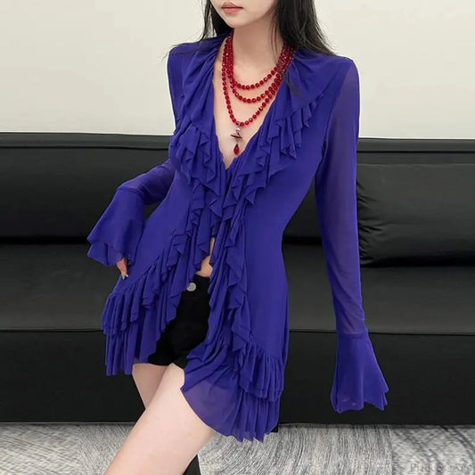 Deep-neck Long Sleeve Frill Blouse Blue / S