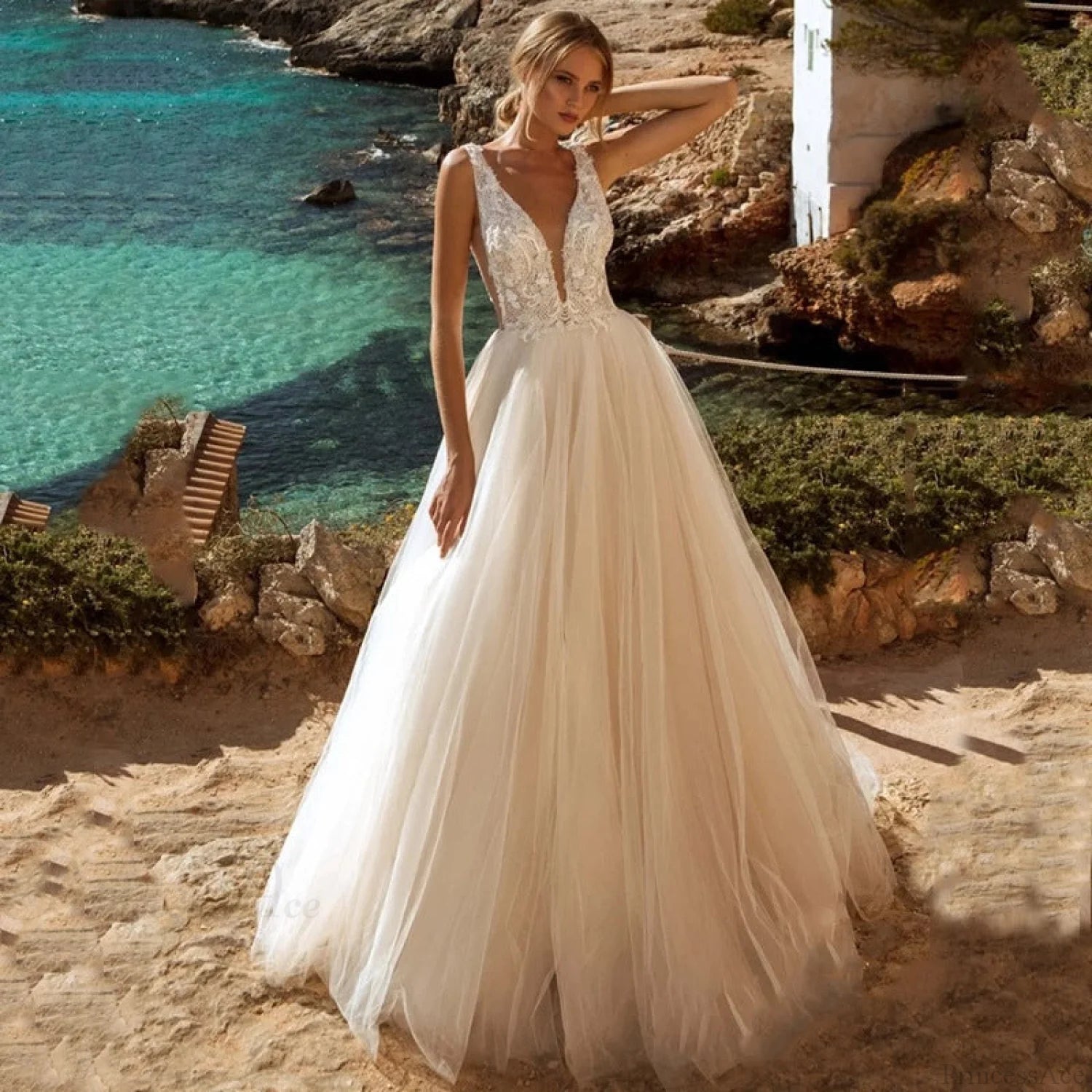 Deep V-Neck Backless Sheer Wedding Dress weddingdress-250223