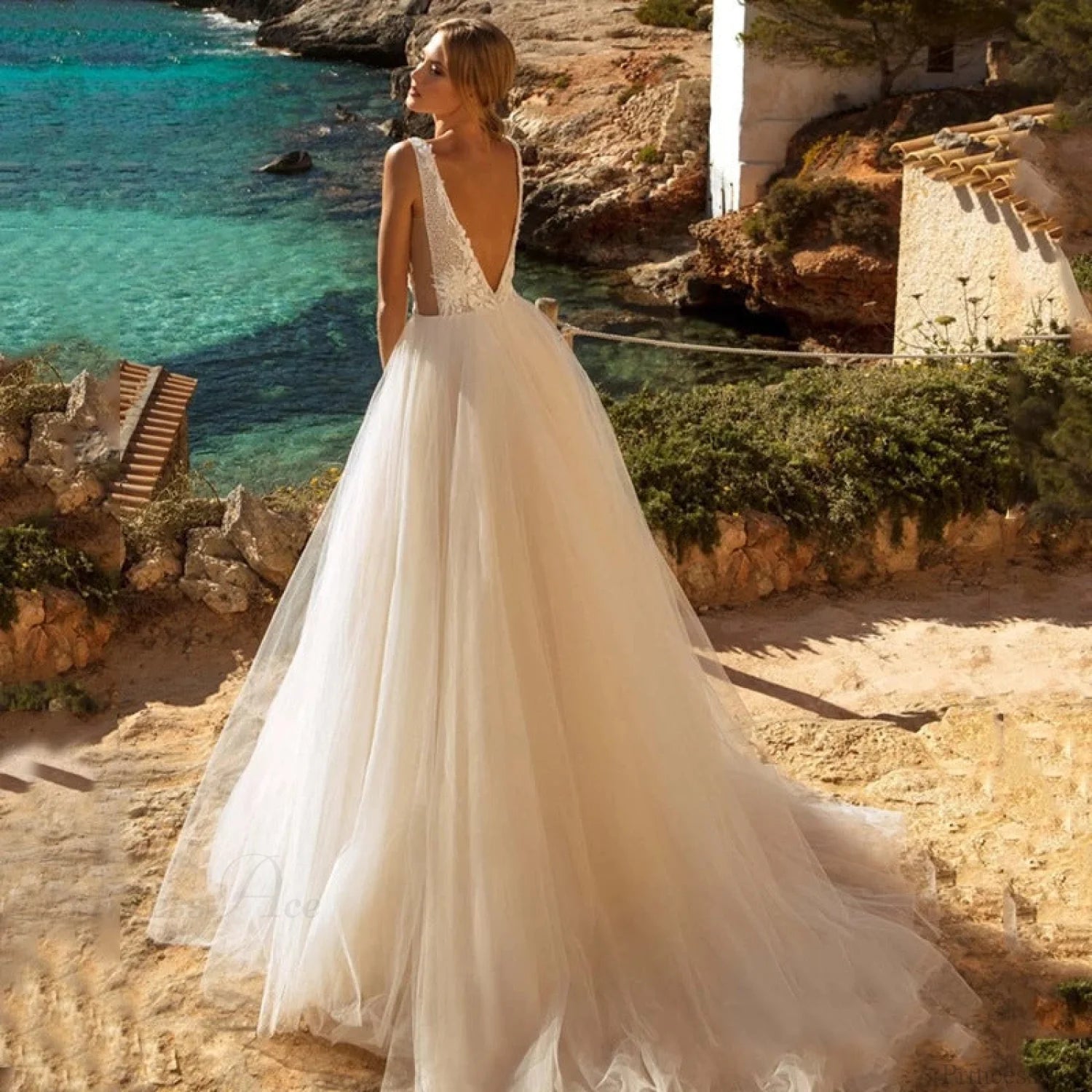 Deep V-Neck Backless Sheer Wedding Dress weddingdress-250223