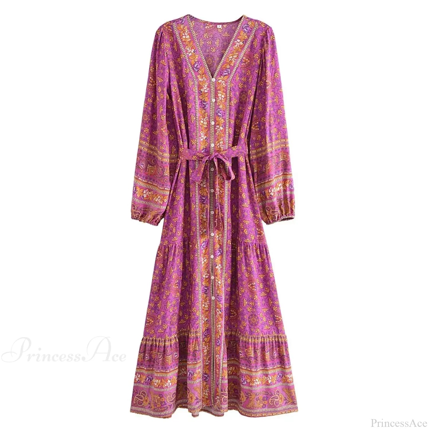 Deep V-neck Floral Long Sleeve Cotton Boho Dress Red / S bohodress-250126