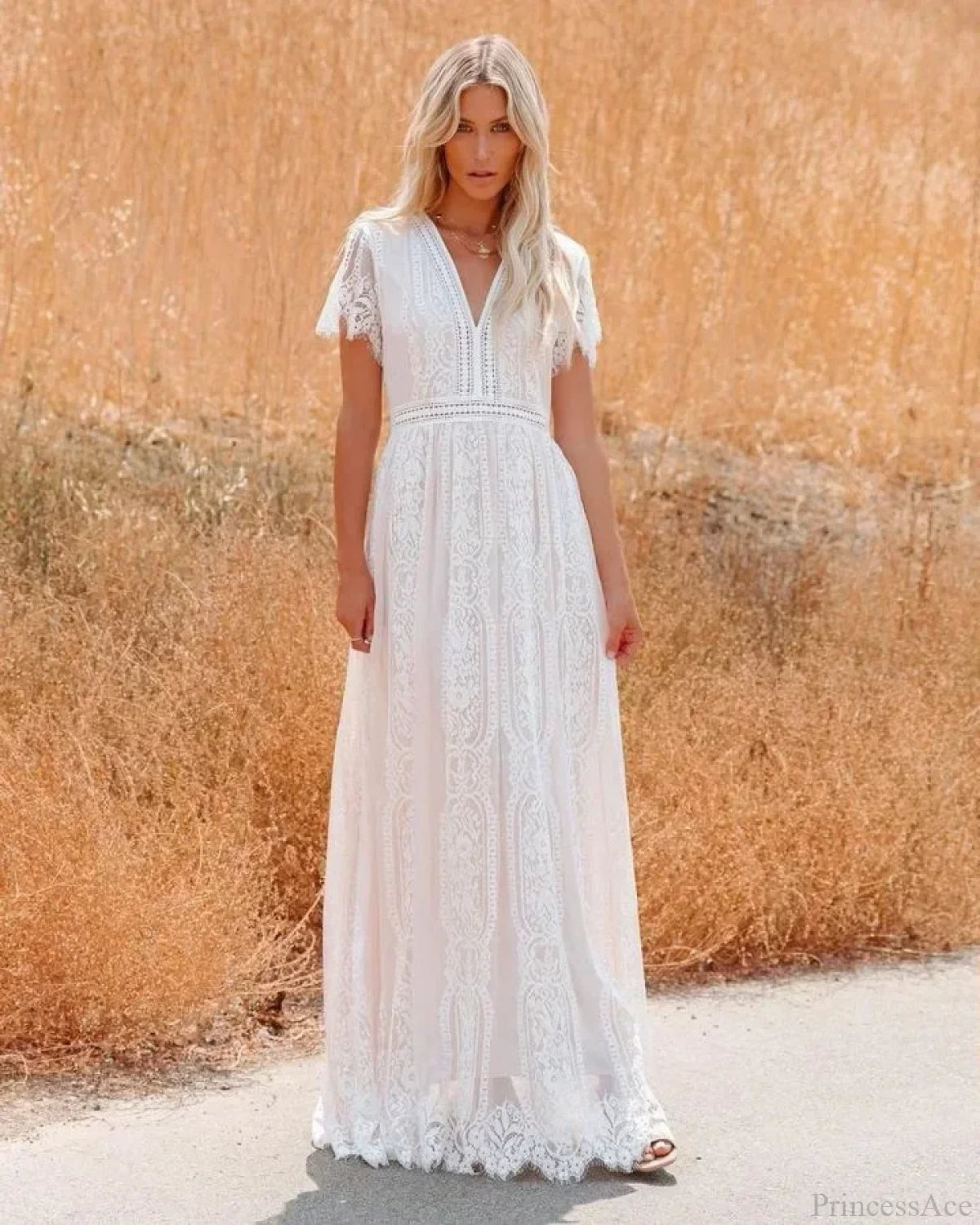 Deep V-neck Lace Hollow Out Vintage White Boho Dress White / S bohodress-250126