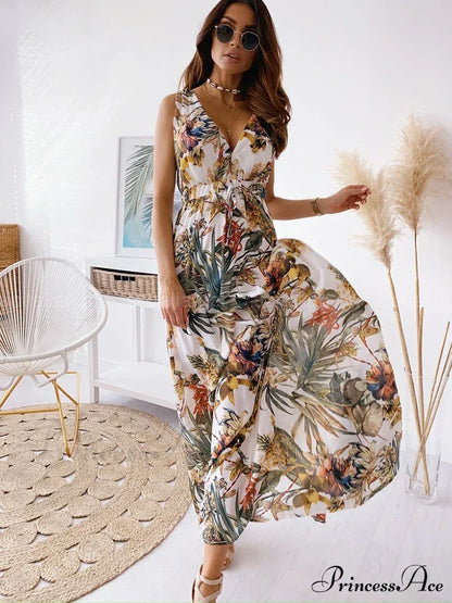 Deep V Neck Print Sleeveless Boho Dress