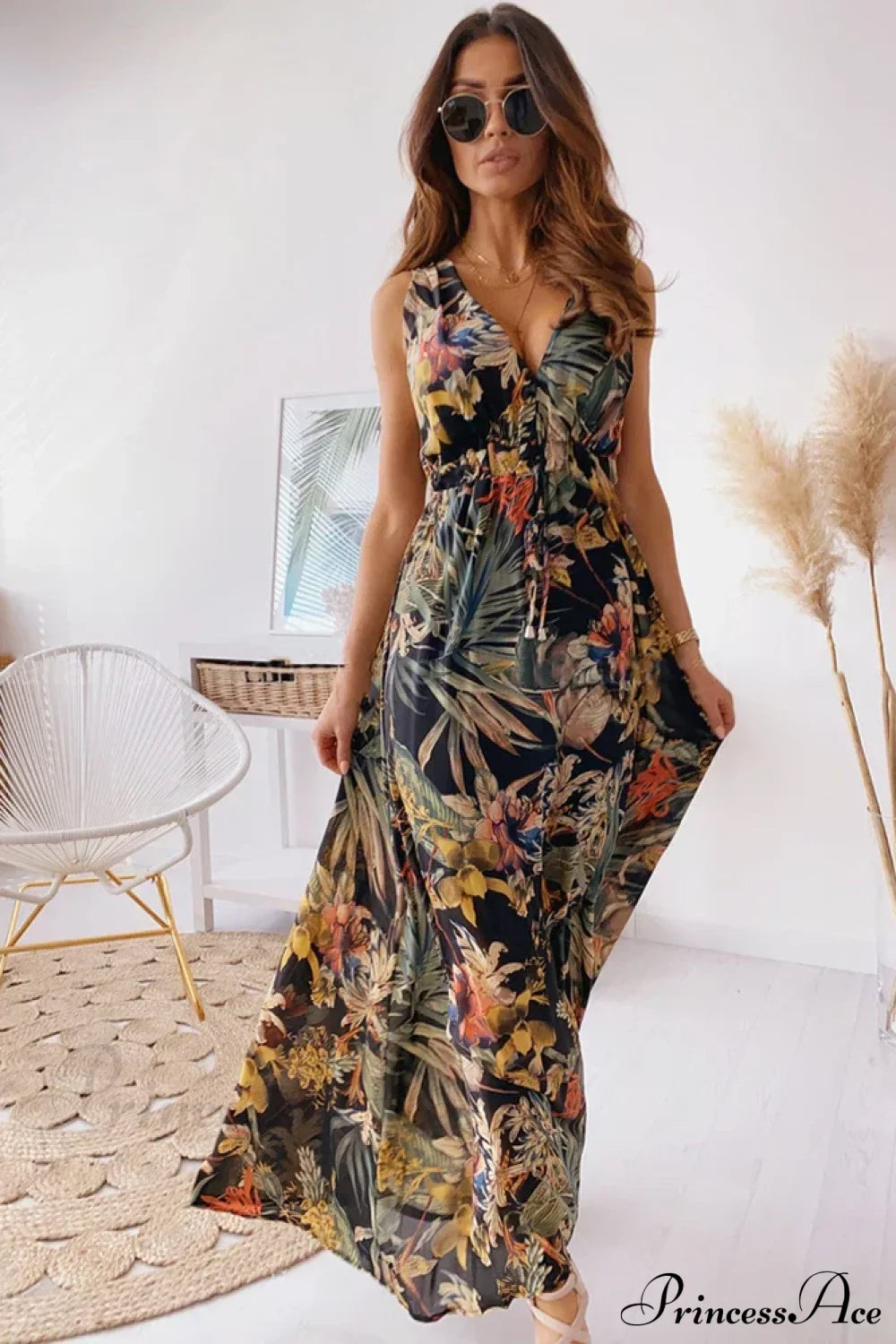 Deep V Neck Print Sleeveless Boho Dress