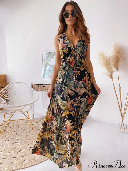 Deep V Neck Print Sleeveless Boho Dress