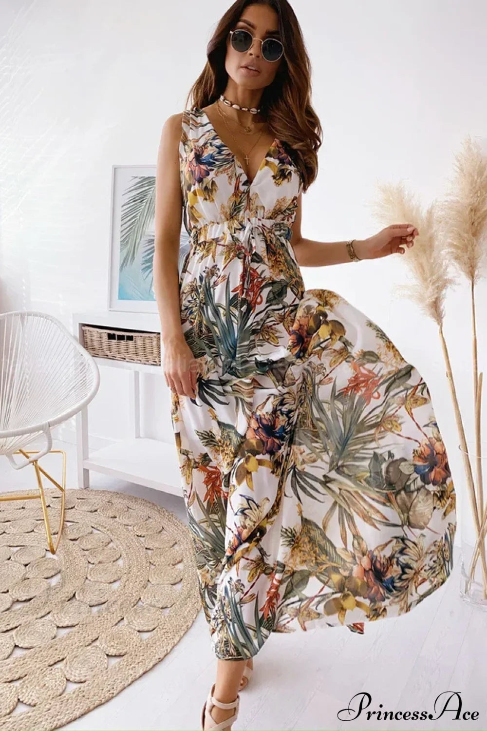Deep V Neck Print Sleeveless Boho Dress
