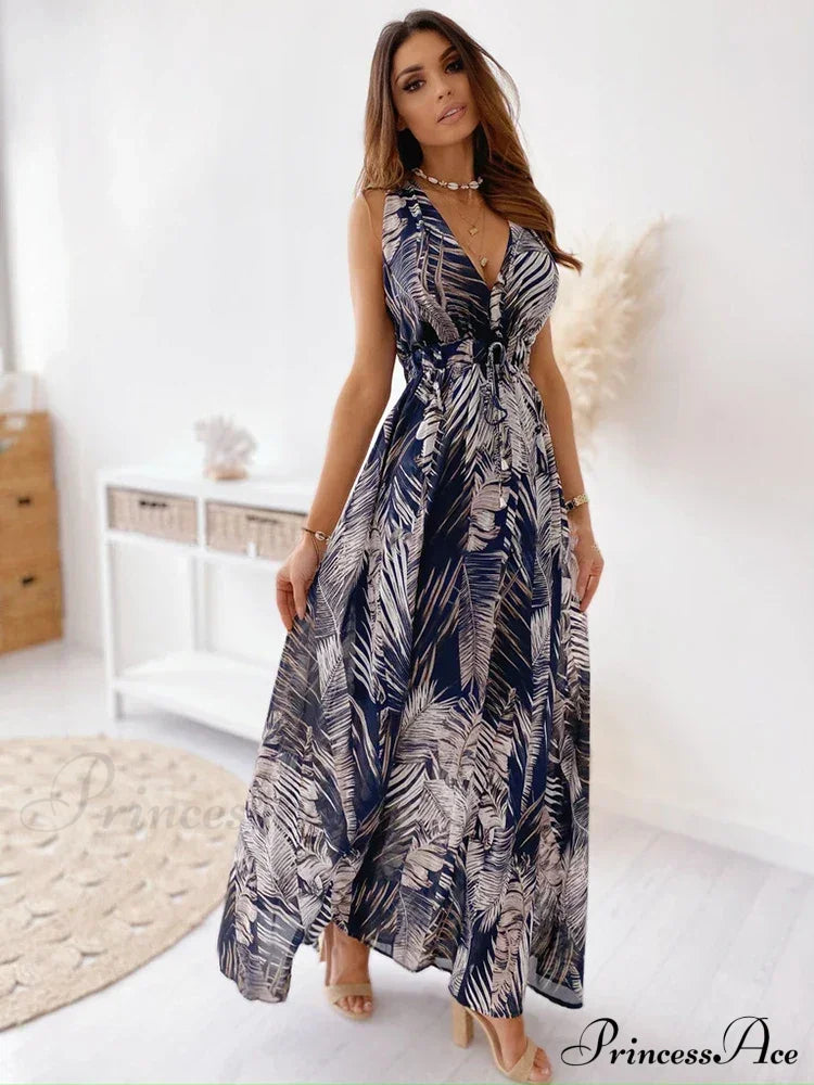 Deep V Neck Print Sleeveless Boho Dress Blue / S