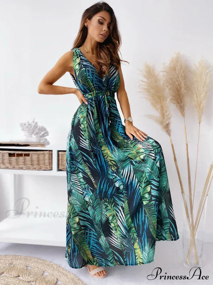 Deep V Neck Print Sleeveless Boho Dress Green / S