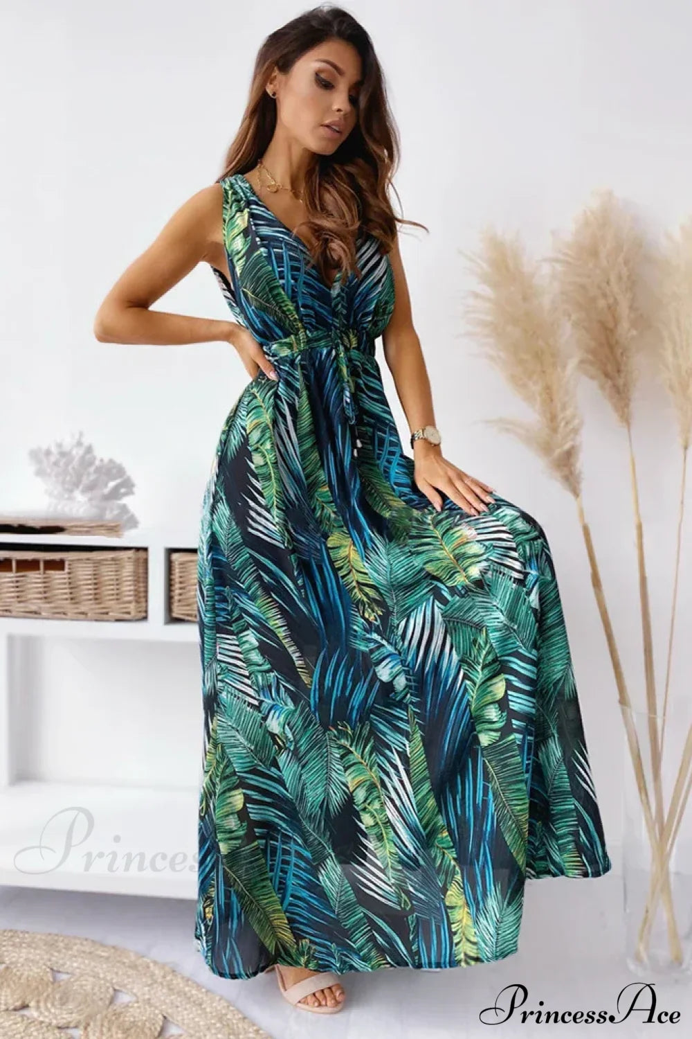 Deep V Neck Print Sleeveless Boho Dress Green / S