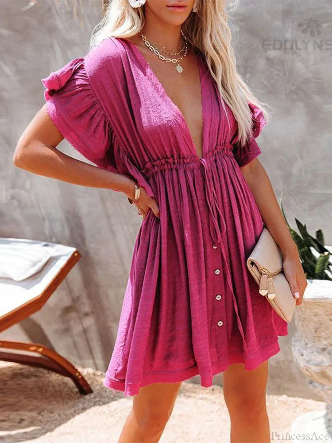 Deep V-Neck Ruffle Lace Up Beach Cover Up color4 / One Size