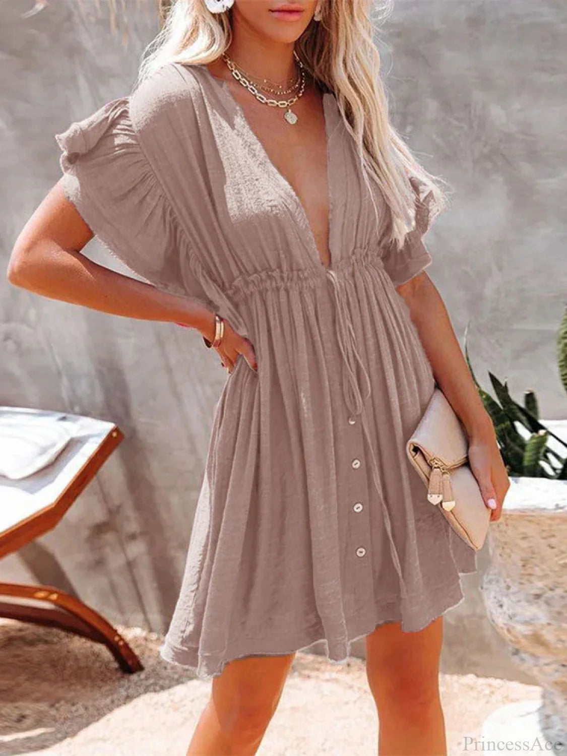 Deep V-Neck Ruffle Lace Up Beach Cover Up color9 / One Size