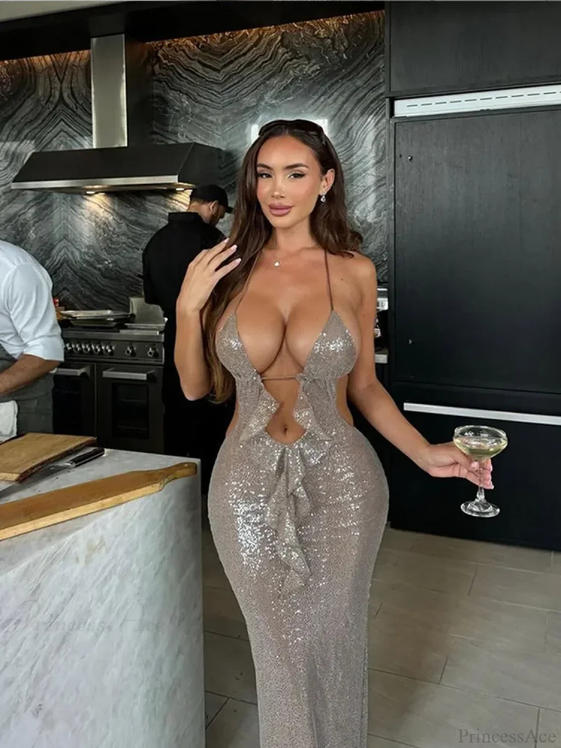 Deep V Neck Sequin Suspender Party Dress Partydress-241208