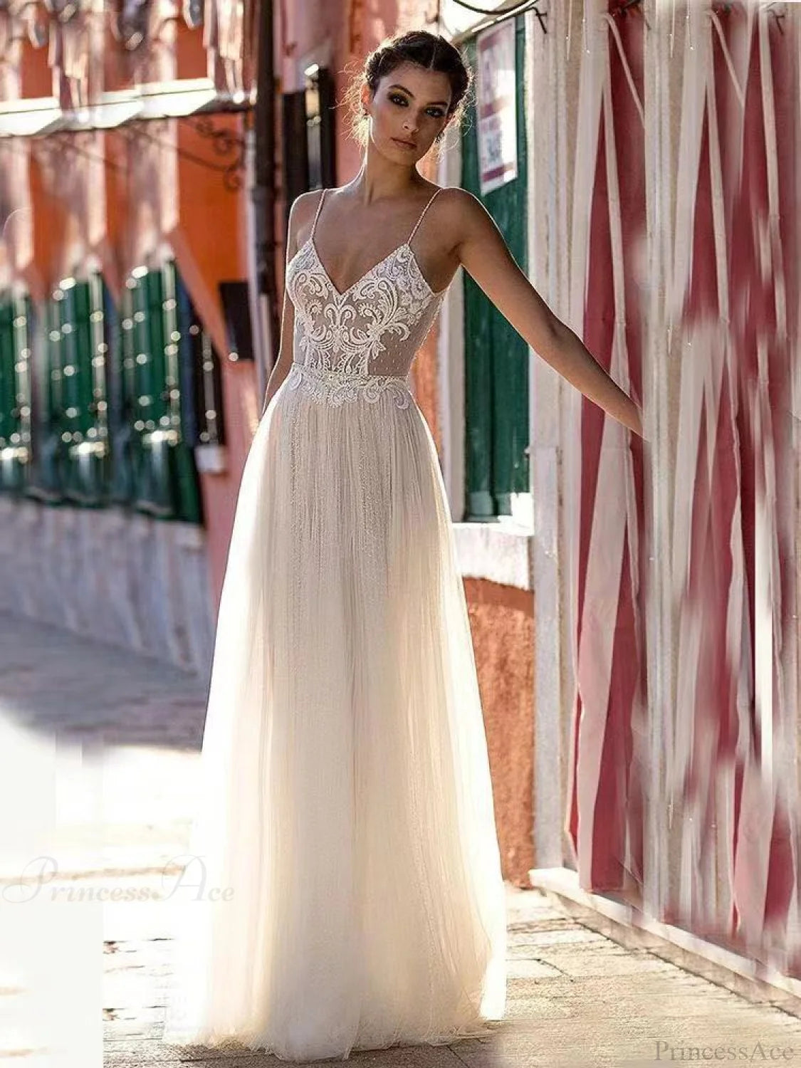 Deep V-Neck Sheer Tulle Wedding Dress lvory white / 2 weddingdress-250223