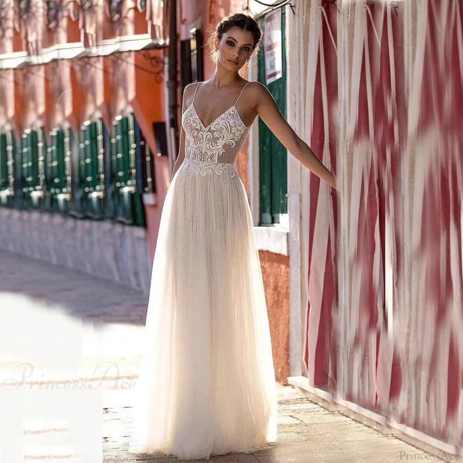 Deep V-Neck Sheer Tulle Wedding Dress weddingdress-250223