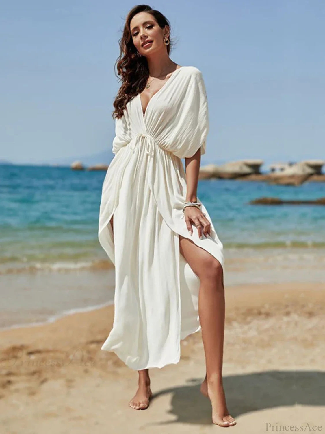 Deep V-Neck Slit Cut Bikini Cover Up Dress WHITE / One Size