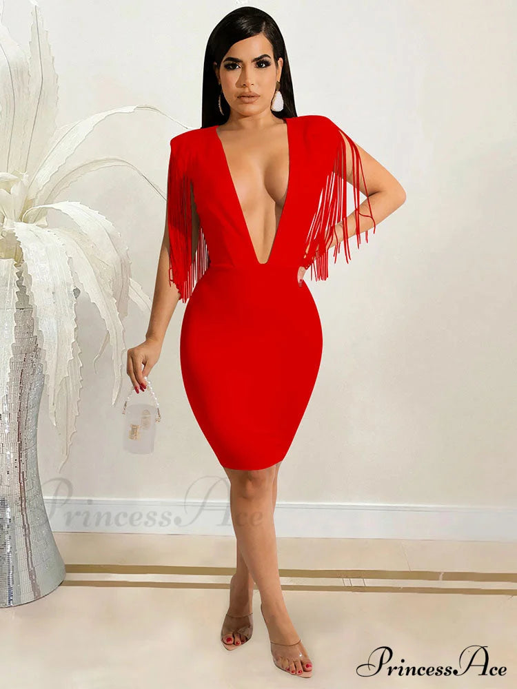Deep V Neck Spaghetti Strap Classic Ruched Party Mini Dress - Red / L Dresses