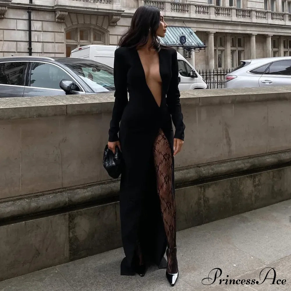 Deep V Neck Split Long Sleeve Sexy Gown Maxi Dress