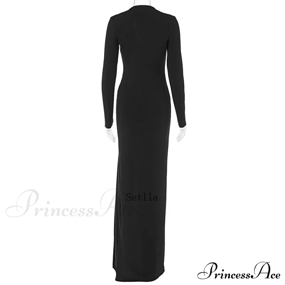 Deep V Neck Split Long Sleeve Sexy Gown Maxi Dress