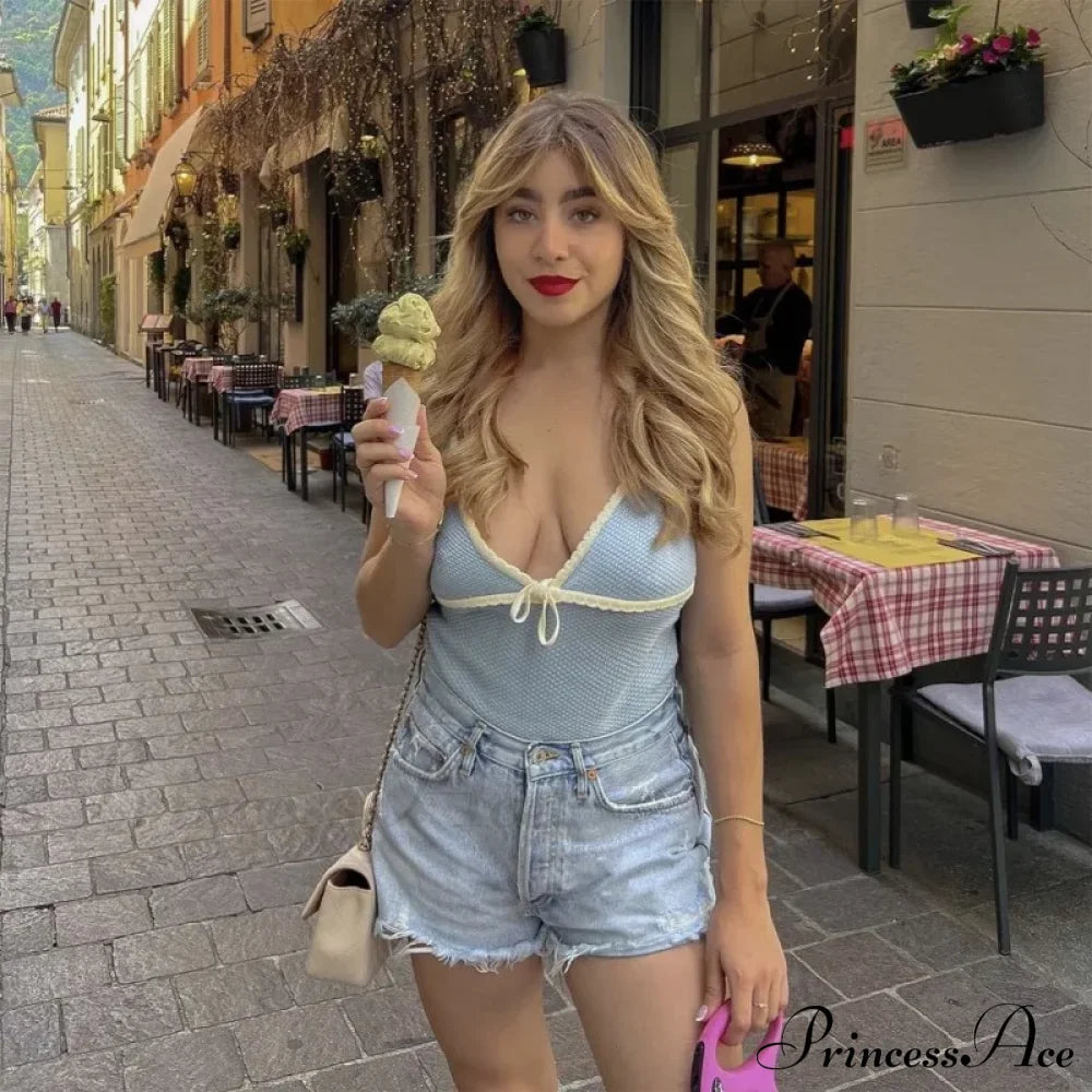 Deep V-Neck Stylish White Seam Top