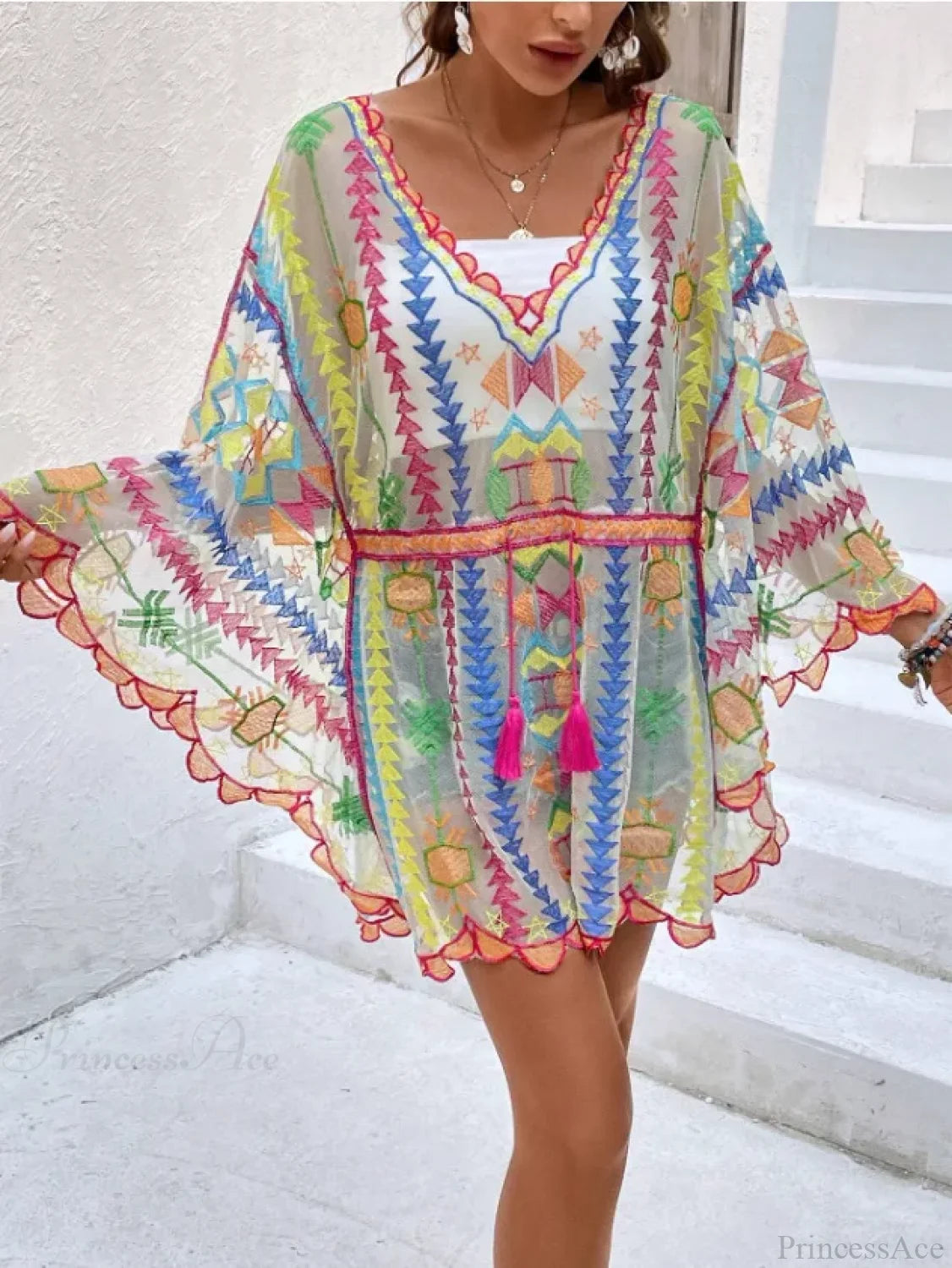 Deep V-neck Tunic Lace Boho Mini Beach Cover up as picture / One Size bohocoverup-250126