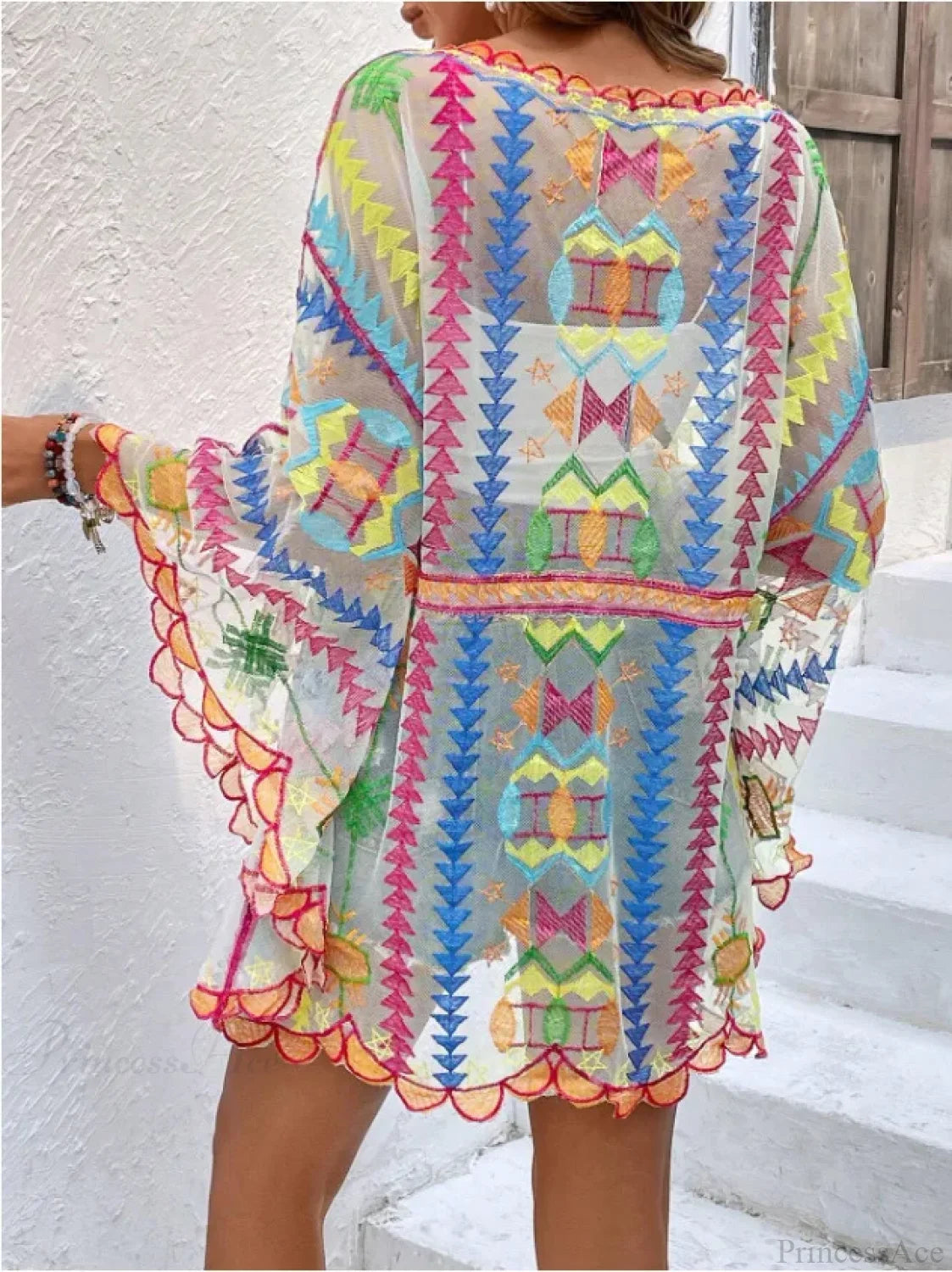 Deep V-neck Tunic Lace Boho Mini Beach Cover up as picture / One Size bohocoverup-250126