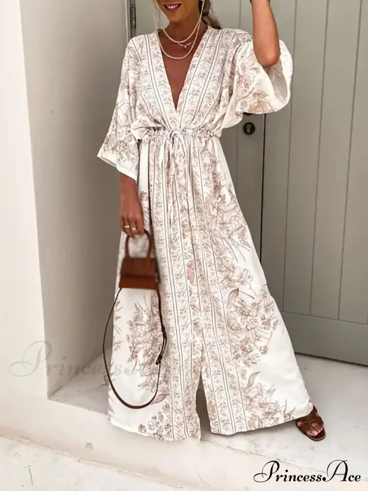 Deep V Neck Waist Drawstring Spring Pattern Vintage Boho Dress