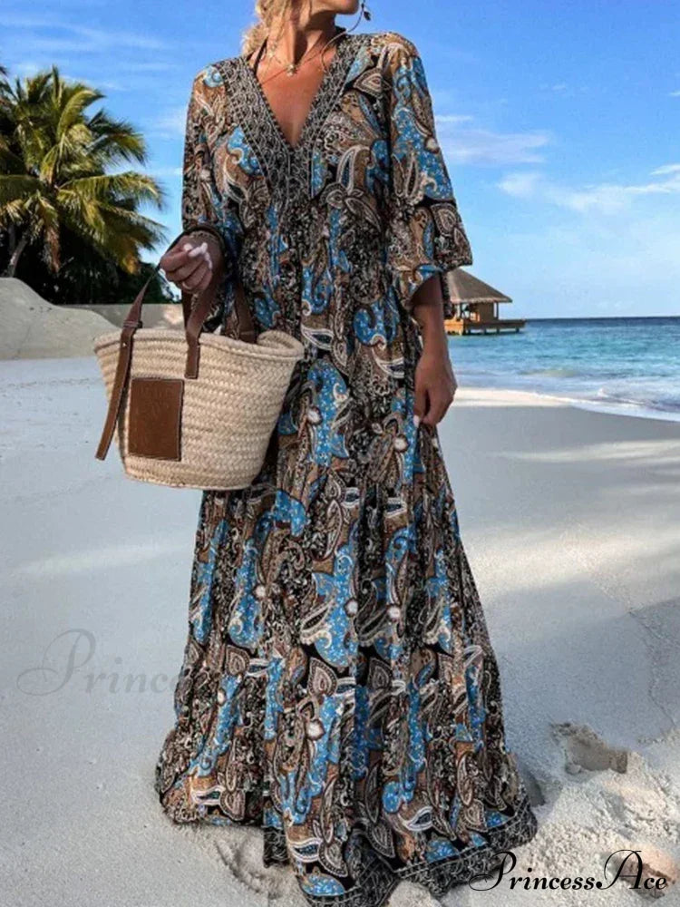 Deep V Neck Waist Drawstring Spring Pattern Vintage Boho Dress