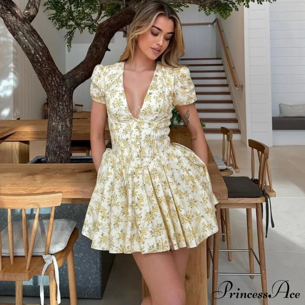 Deep V Short Sleeve Mini Women’s Lined Fashion Ball Gown Club Party Outfit Summer Floral Dress