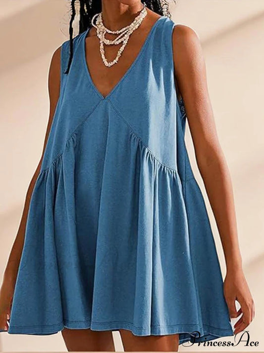 Deep V Wide Charming Strap Mini Tank Dress Blue / S Dresses