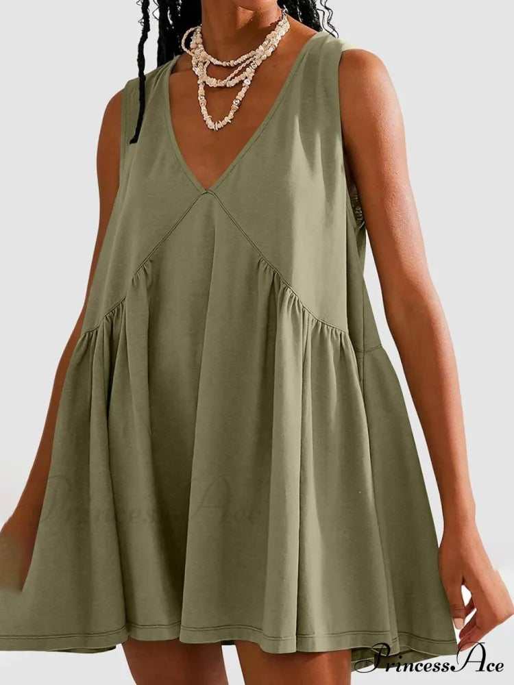 Deep V Wide Charming Strap Mini Tank Dress Gray Green / S Dresses