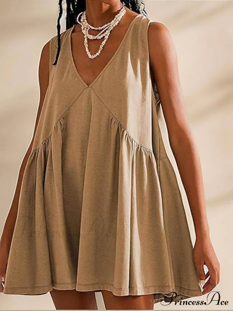 Deep V Wide Charming Strap Mini Tank Dress Khaki / S Dresses