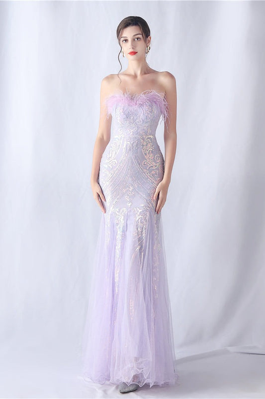 Ostrich Feather Sequin Evening Party Dress Purple / S