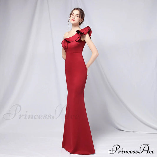 Delana Formal One Charming Shoulder Satin Dress Burgundy / S S.o. Long Dresses